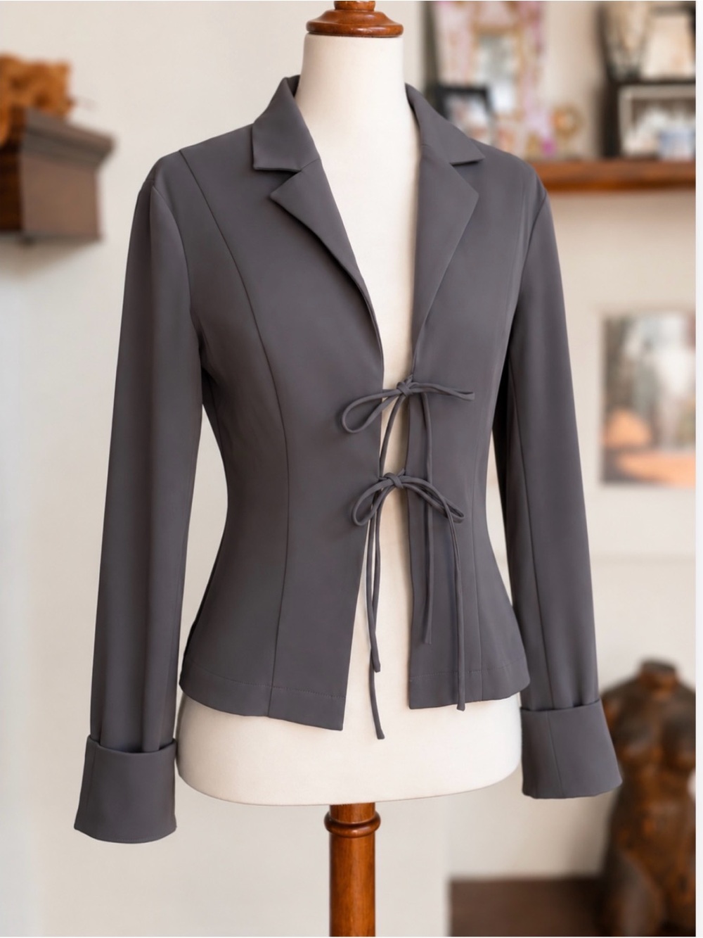 Princess Polly Open Front Tie Blazer Jacket Charcoal Size 4